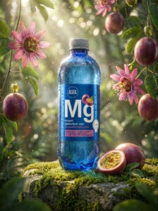 Aura kergelt gaseeritud granadillimaitselise vee professionaalne reklaamfoto.