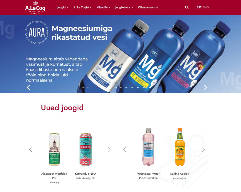 A. Le Coq veebilehe bänner ja tootekataloog meie tehtud tootefotodega
